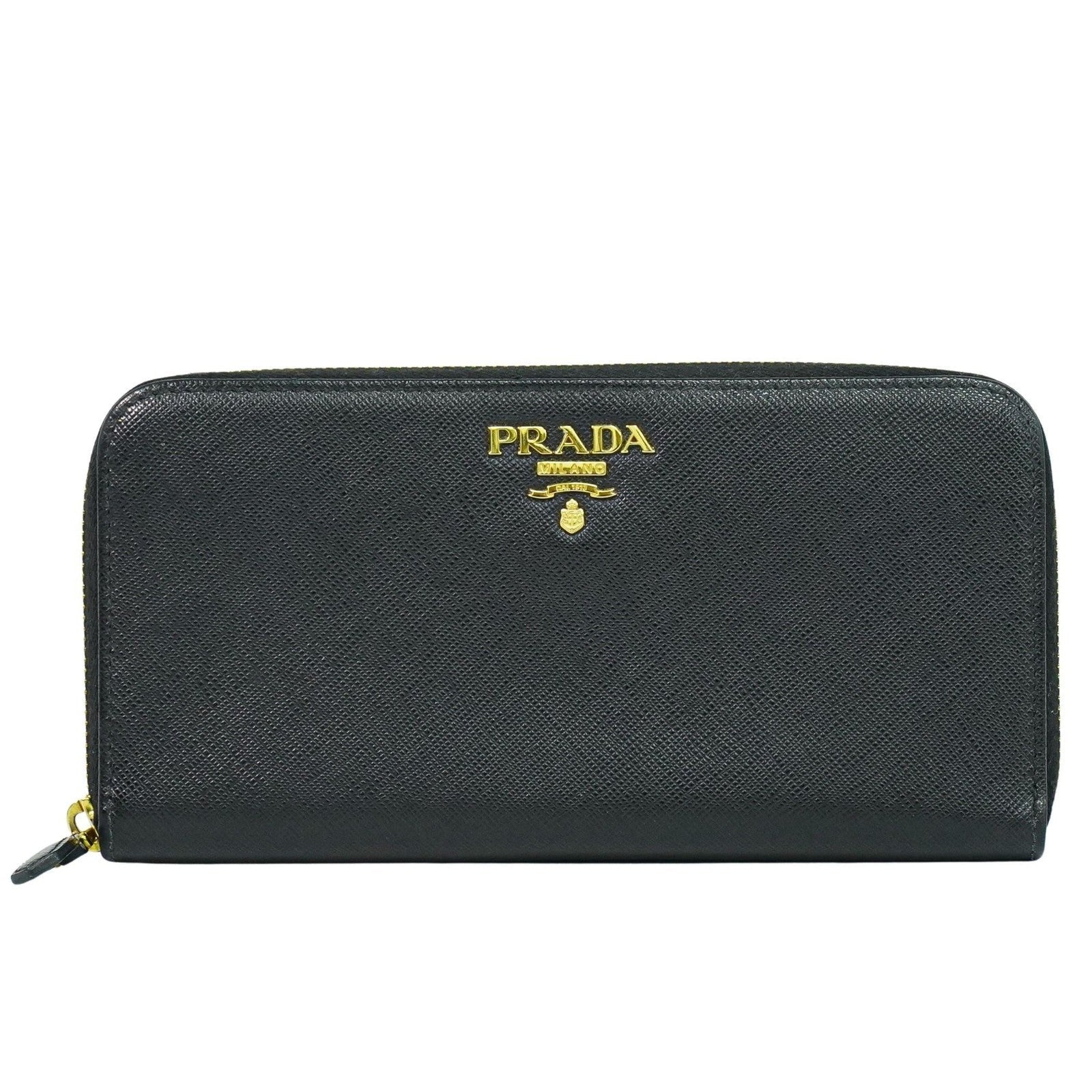 Prada Zip Around Tab Wallet Saffiano Leather Black Leather Wallets Accessory