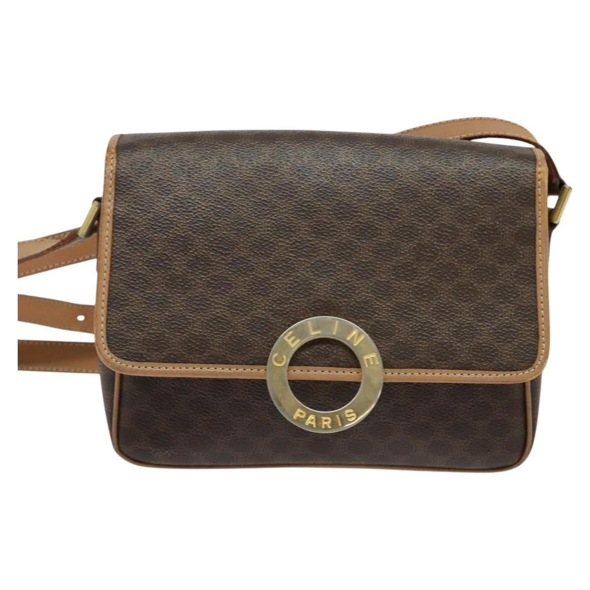 Celine Vintage Macadam Circle Logo Shoulder Bag Canvas And Leather Brown Canvas Shoulder Bag Bag