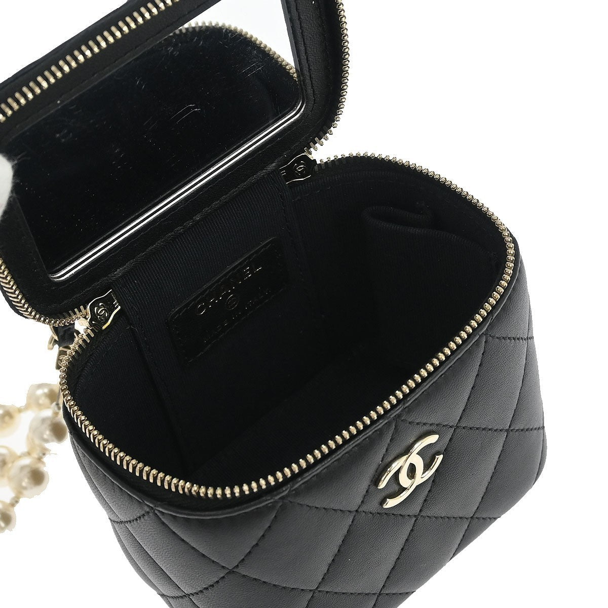 Chanel Vanity Case With Pearl Chain Quilted Lambskin Black Leather Shoulder Bag Bag