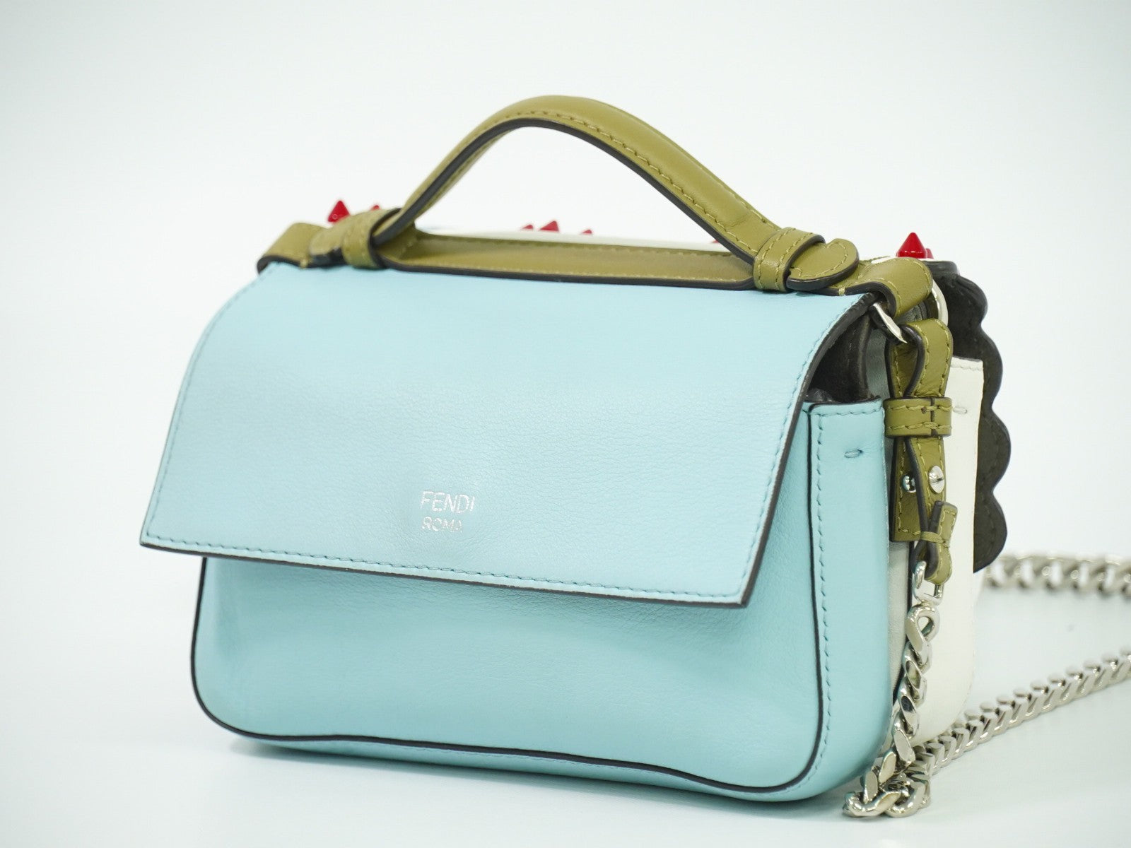 Fendi Double Baguette Embroidered Studded Leather White Leather Shoulder Bag Bag