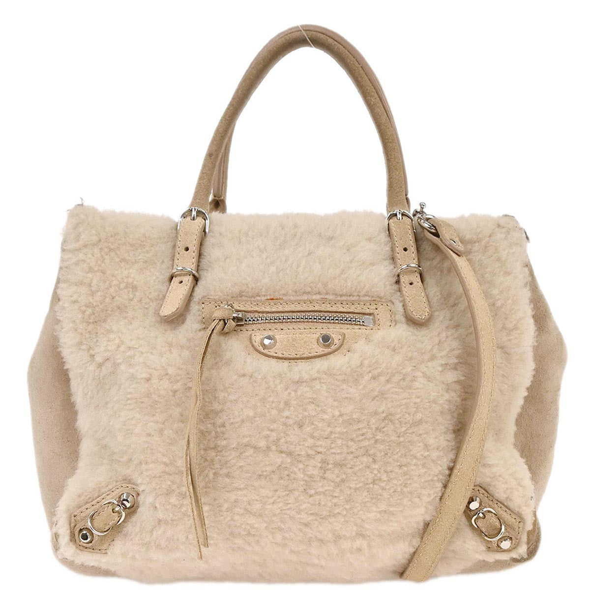 Balenciaga Papier B4 Zip Around Classic Studs Bag Shearling Beige Fur Hand