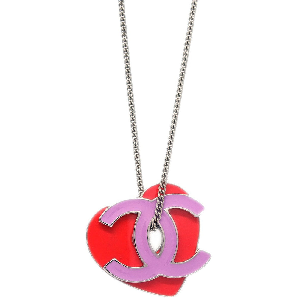 Chanel Cc And Heart Pendant Necklace Metal Silver Silver_Plated Necklace Jewelry