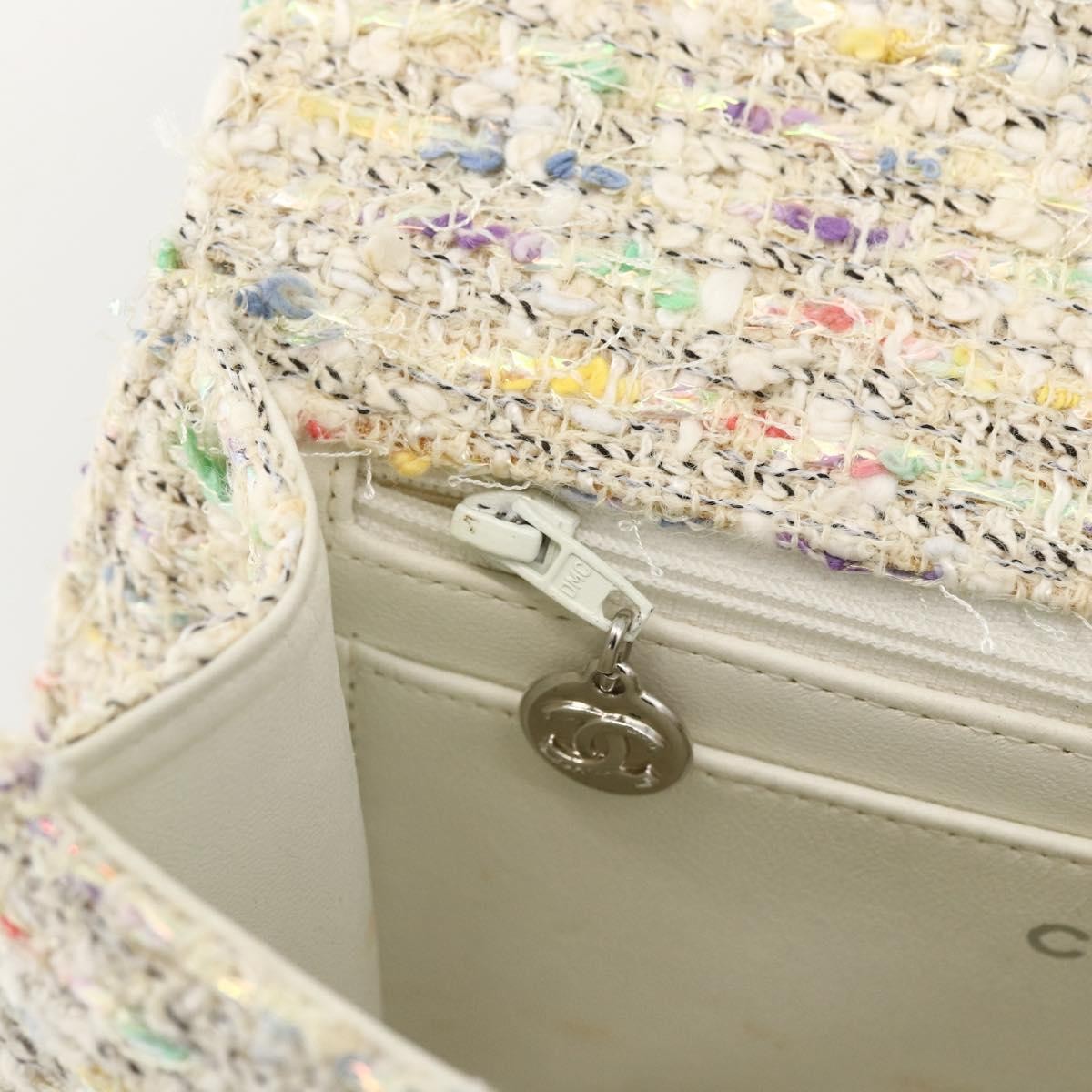 Chanel Vintage Cc Chain Top Handle Bag Quilted Tweed White Tweed Handbag