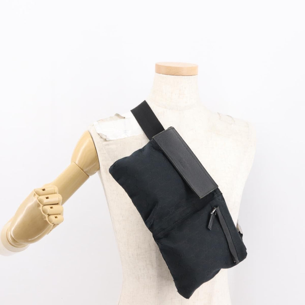 Gucci Vintage Double Belt Bag Gg Canvas With Leather Black Canvas Shoulder Bag Bag (Pre-Owned)