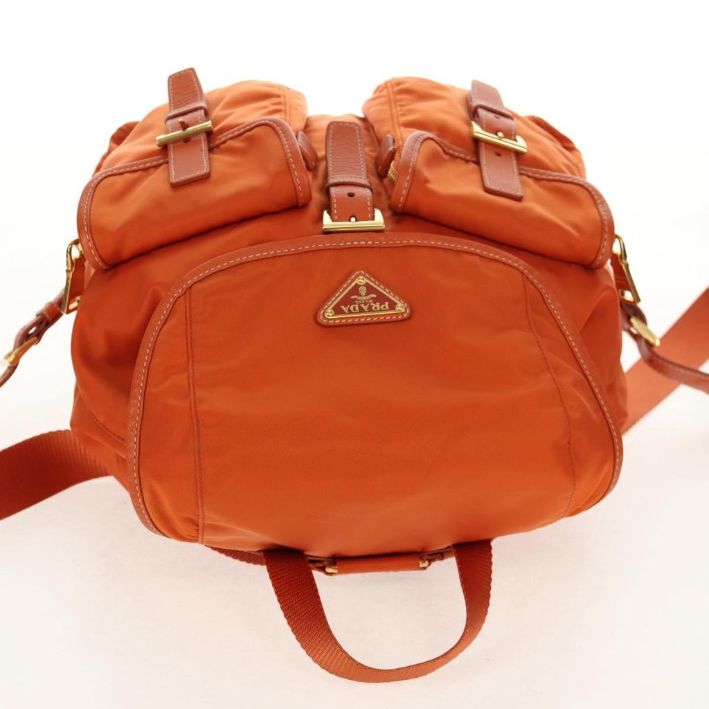 Prada Vela Double Front Pocket Backpack Tessuto With Saffiano Leather Orange Nylon Backpack Bag