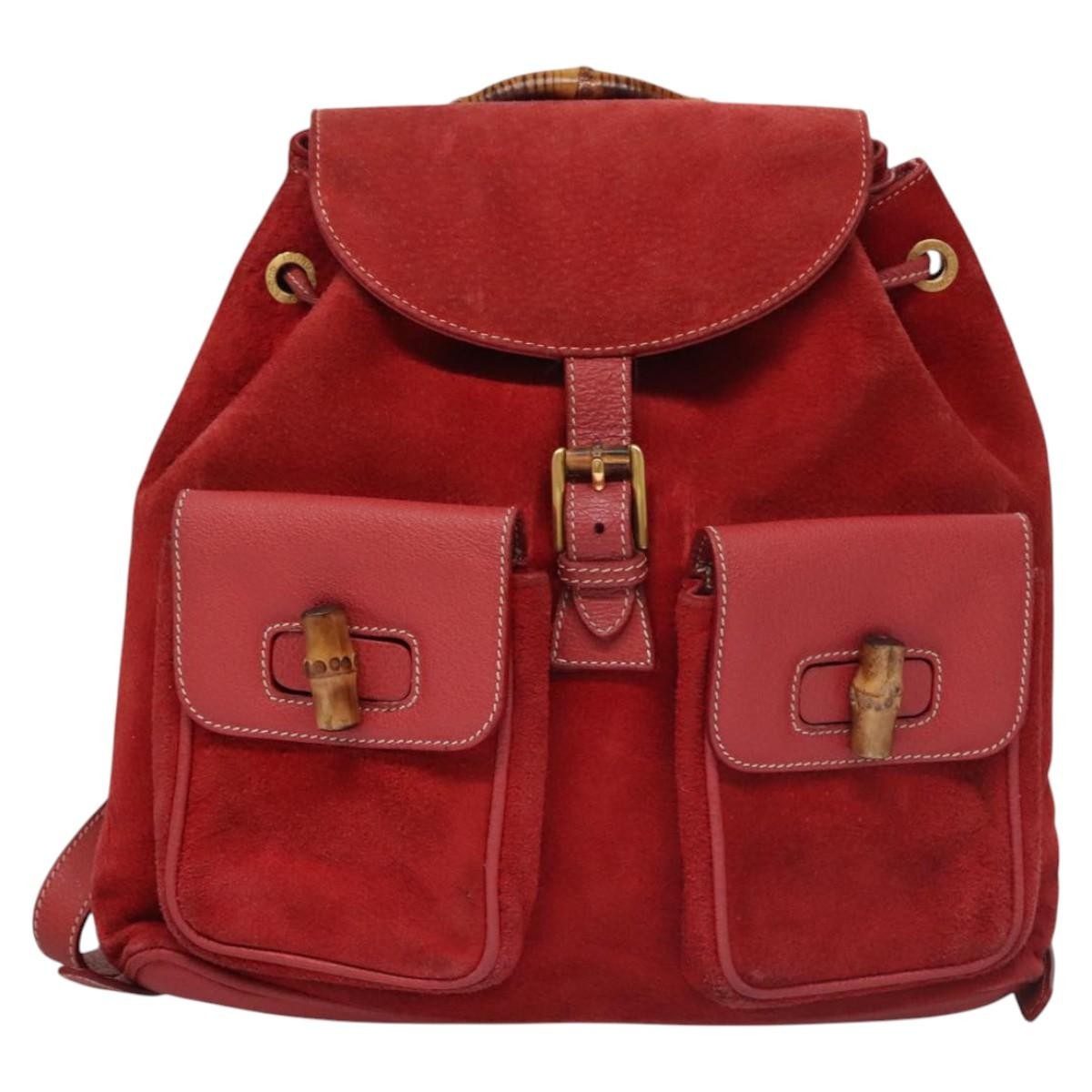 Gucci Vintage Bamboo Backpack Suede And Leather Red Suede Backpack Bag (Pre-Owned)