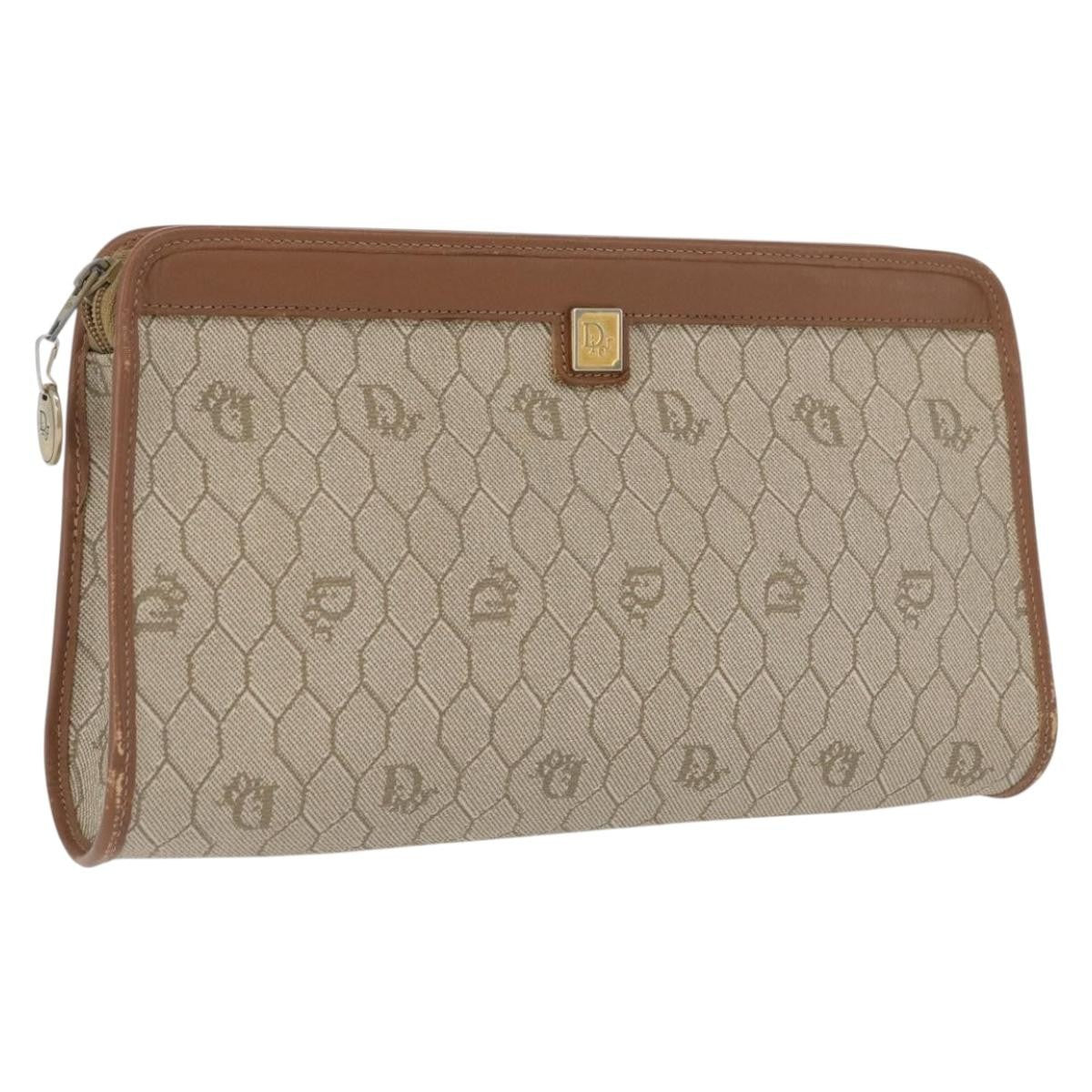 Christian Dior Vintage Honeycomb Zip Pouch Canvas And Leather Beige Canvas Clutche & Pouche Bag (Pre-Owned)