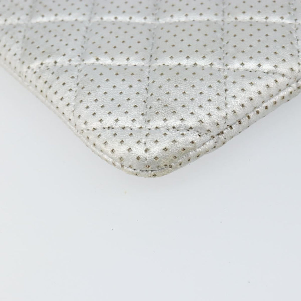 Chanel O Case Clutch Quilted Perforated Lambskin Silver Leather Clutche & Pouche Bag