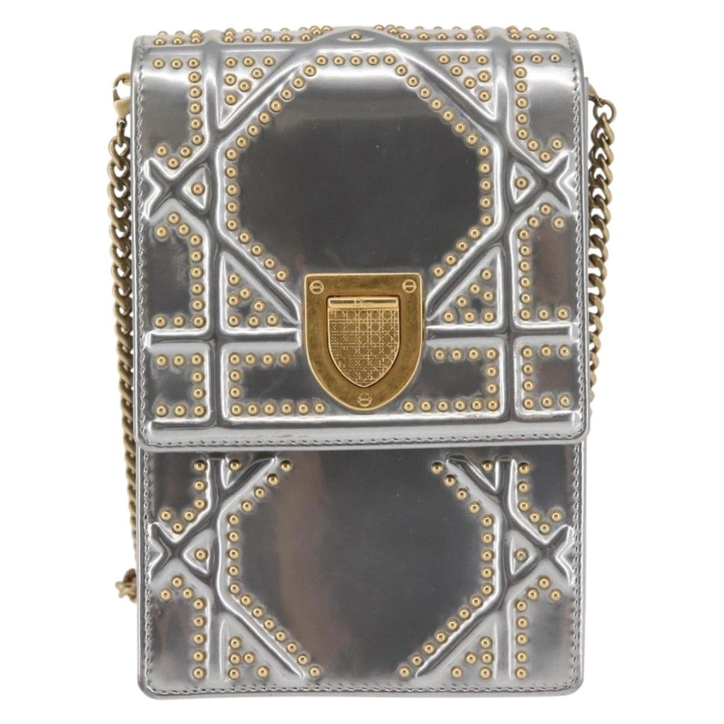 Christian Dior Ultra Matte Diorama Vertical Clutch On Chain Studded Leather Silver Patent_Leather Clutche & Pouche Bag (Pre-Owned)