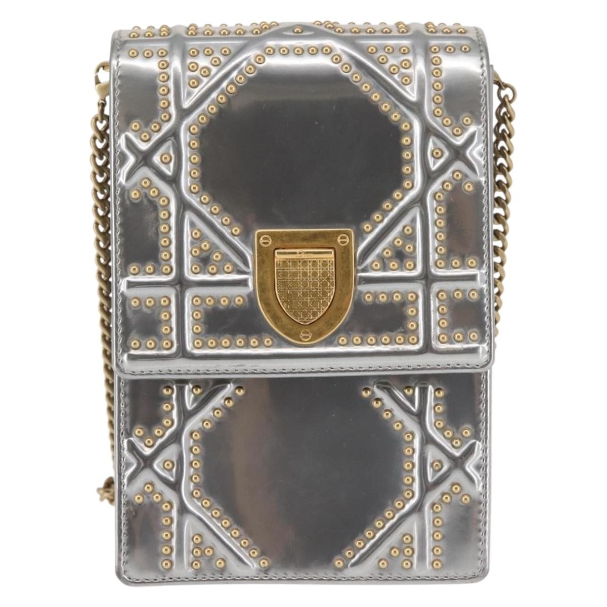 Christian Dior Ultra Matte Diorama Vertical Clutch On Chain Studded Leather Silver Patent_Leather Clutche & Pouche Bag (Pre-Owned)