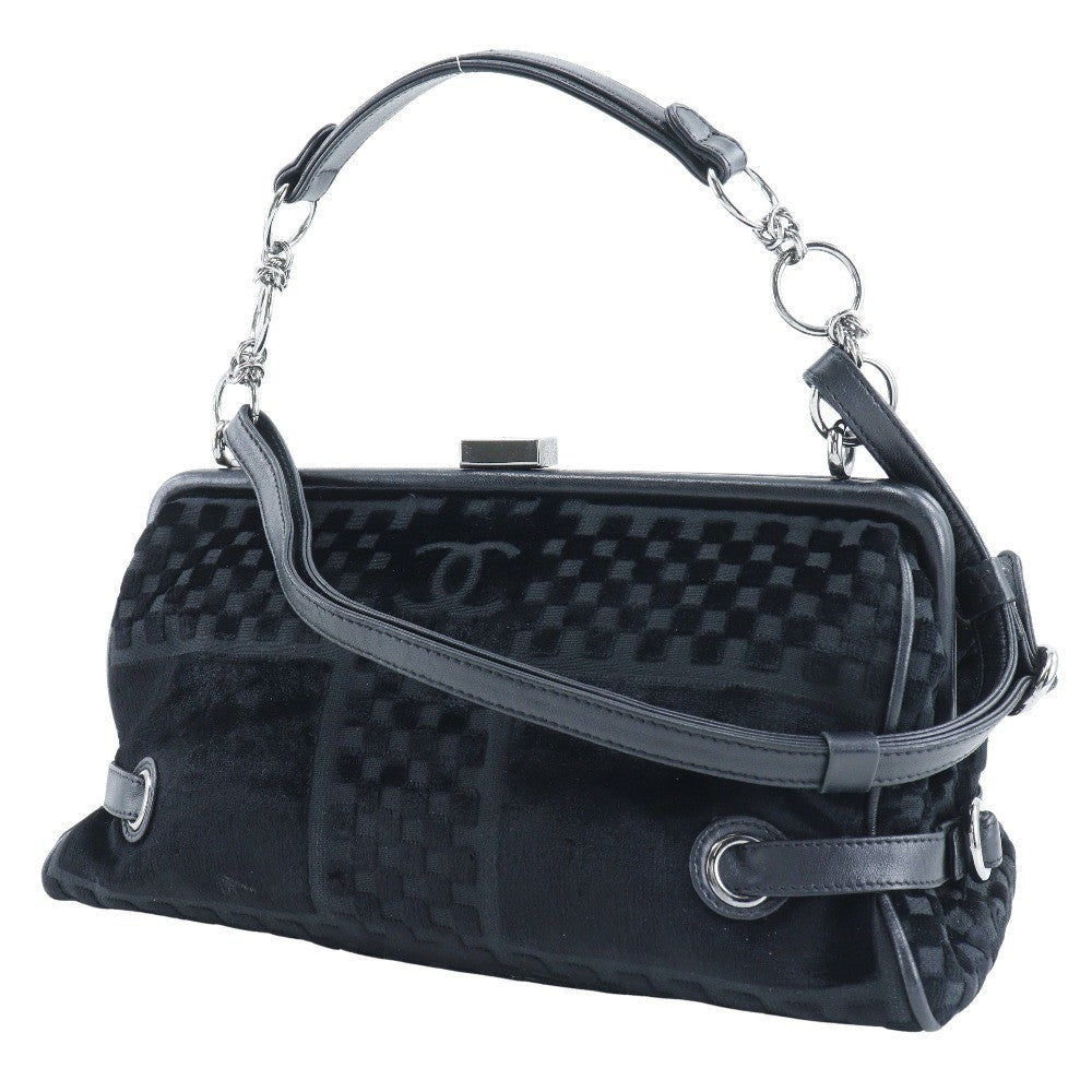 Chanel Vintage Cc Side Belted Bowler Bag Check Embossed Velvet Black Velvet Shoulder Bag Bag