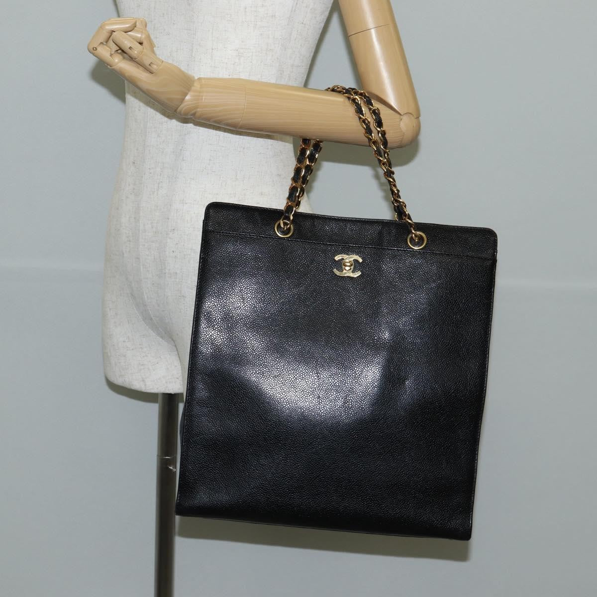 Chanel Vintage Cc Lock Pocket Chain Tote Caviar Black Leather Tote Bag Bag