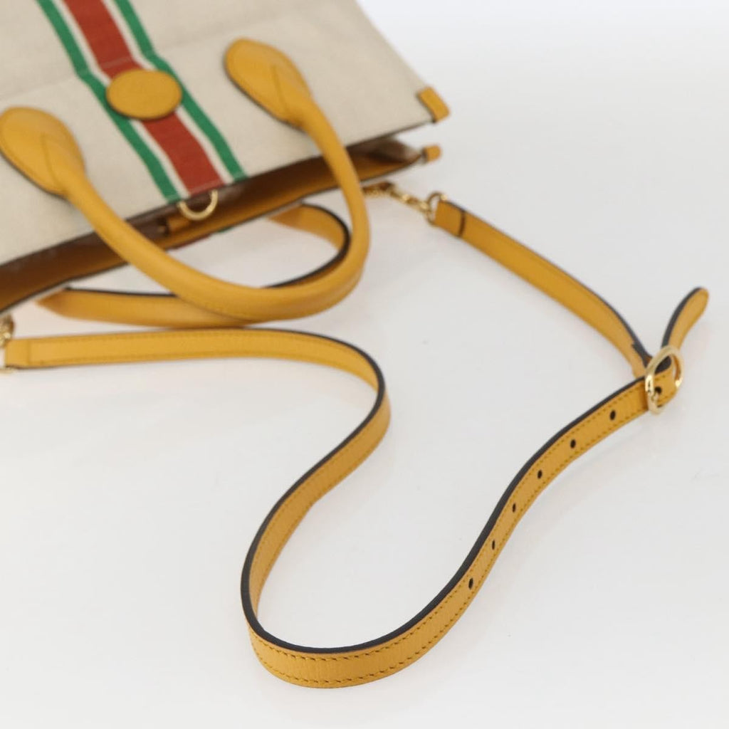 Gucci Foldable Web Tote Canvas With Leather Beige Canvas Tote Bag Bag (Pre-Owned)