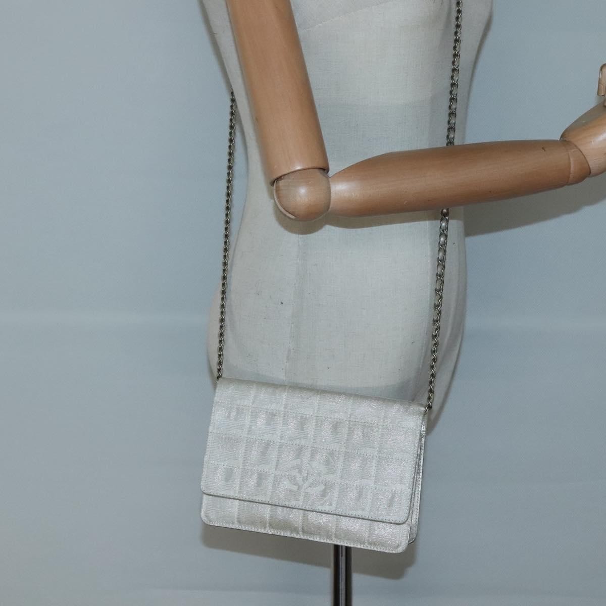 Chanel Travel Line Wallet On Chain Quilted Nylon Silver Nylon Bag