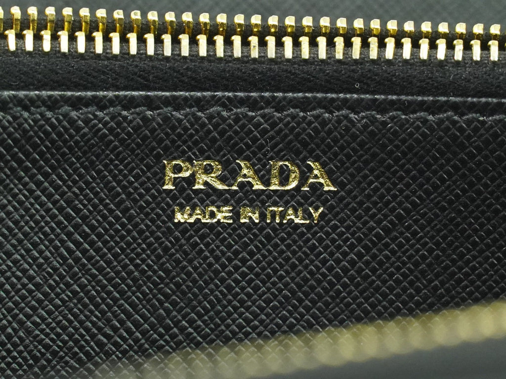 Prada Zip Around Tab Wallet Saffiano Leather Black Leather Wallets Accessory