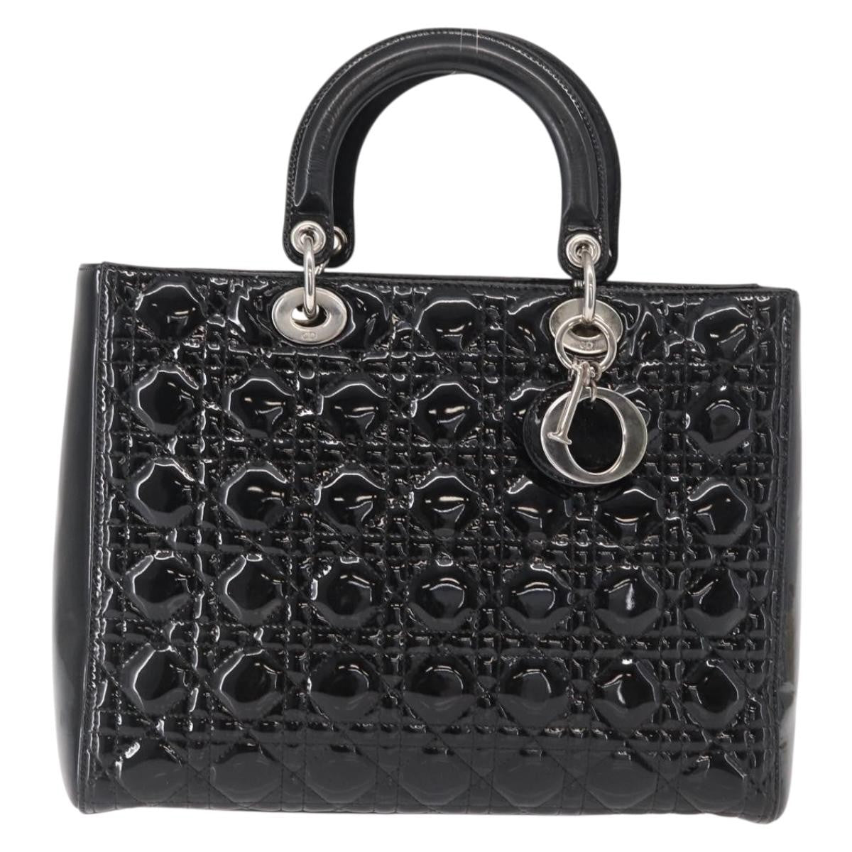 Christian Dior Lady Dior Bag Cannage Quilt Patent Black Patent_Leather Handbag (Pre-Owned)