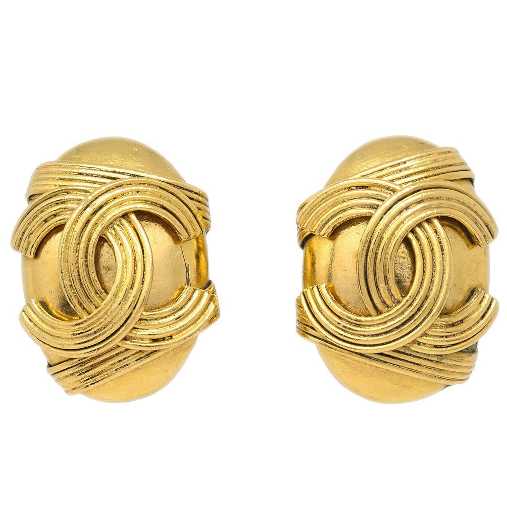Chanel Vintage Cc Button Ovales Clip-On Earrings Gold-Plated Gold Gold_Plated Earrings Jewelry