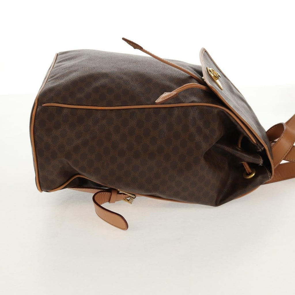 Celine Vintage Drawstring Flap Backpack Macadam Coated Canvas Brown Canvas Backpack Bag