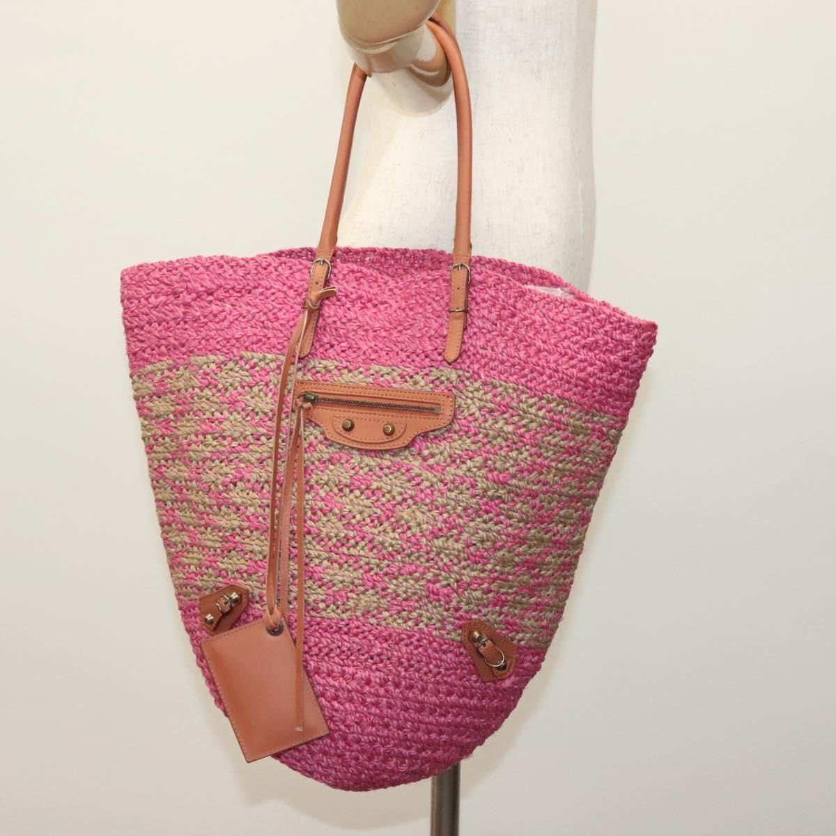 Balenciaga Panier Basket Tote Woven Raffia Pink Wood Tote Bag