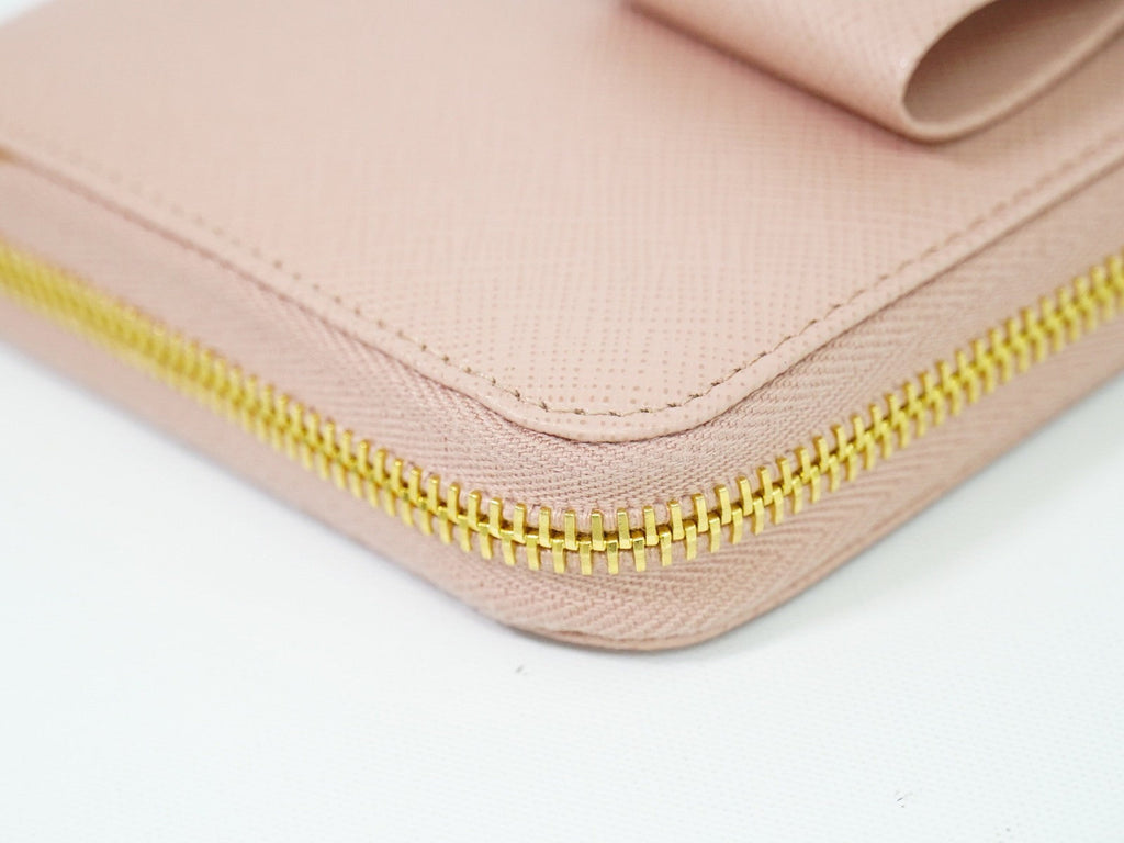 Prada Bow Zip Around Wallet Saffiano Leather Pink Leather Wallets Accessory