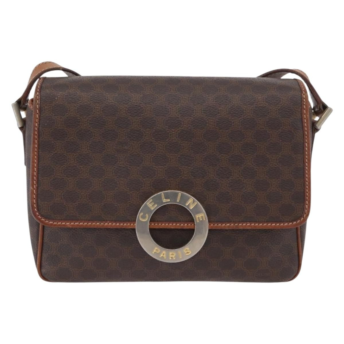 Celine Vintage Macadam Circle Logo Shoulder Bag Canvas And Leather Brown Canvas Shoulder Bag Bag