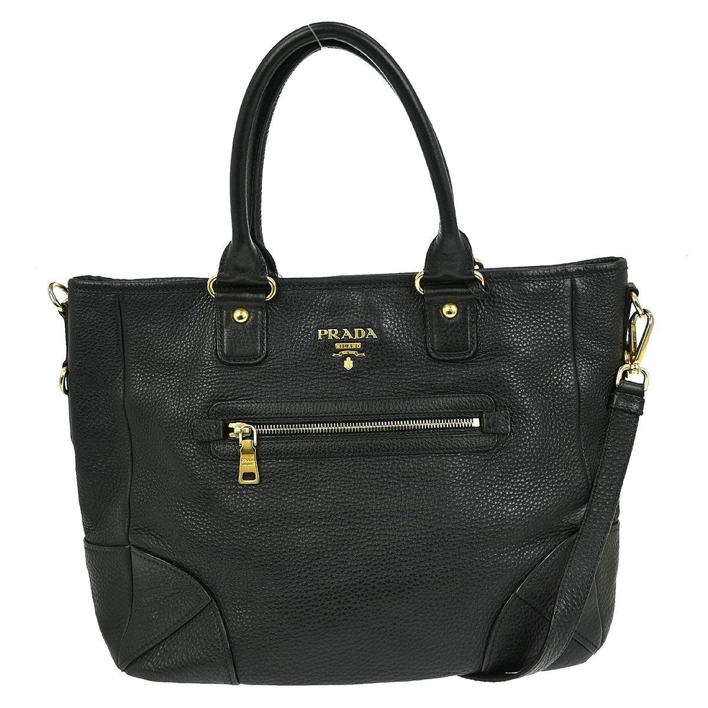 Prada Front Zip Tote Vitello Daino Black Leather Handbag