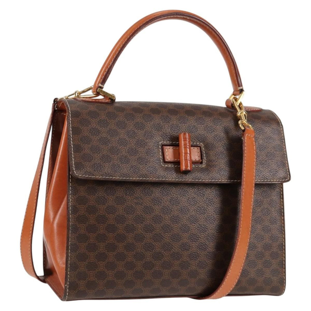 Celine Vintage Convertible Top Handle Bag Macadam Coated Canvas Brown Canvas Bag