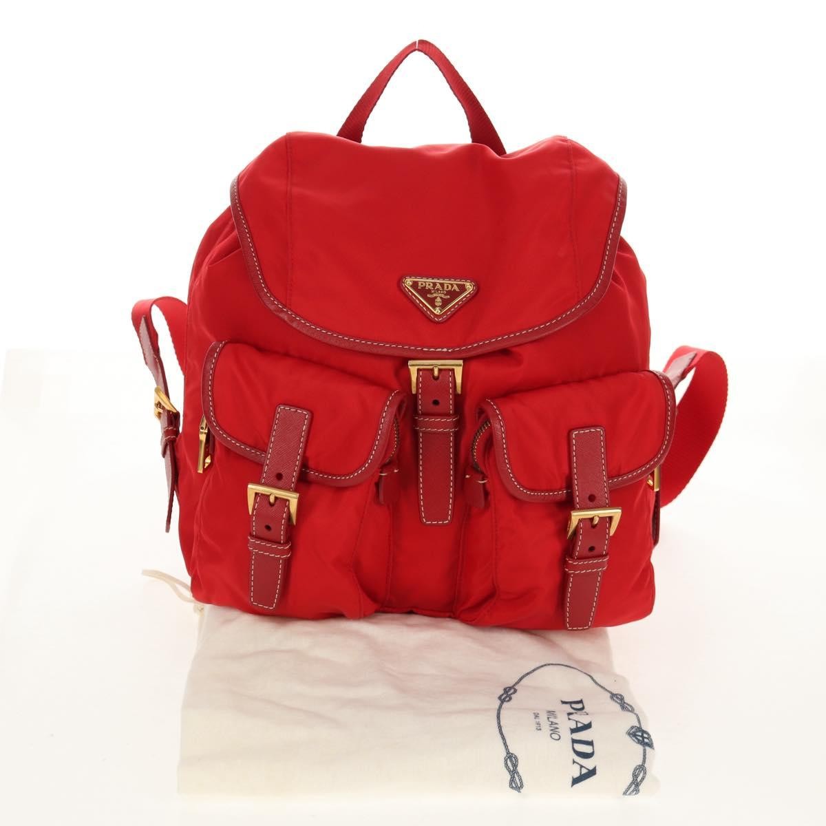 Prada Vela Double Front Pocket Backpack Tessuto With Saffiano Leather Red Nylon Backpack Bag