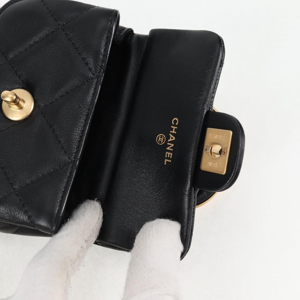 Chanel Lady Handle Flap Card Holder On Chain Quilted Calfskin Black Leather Bag
