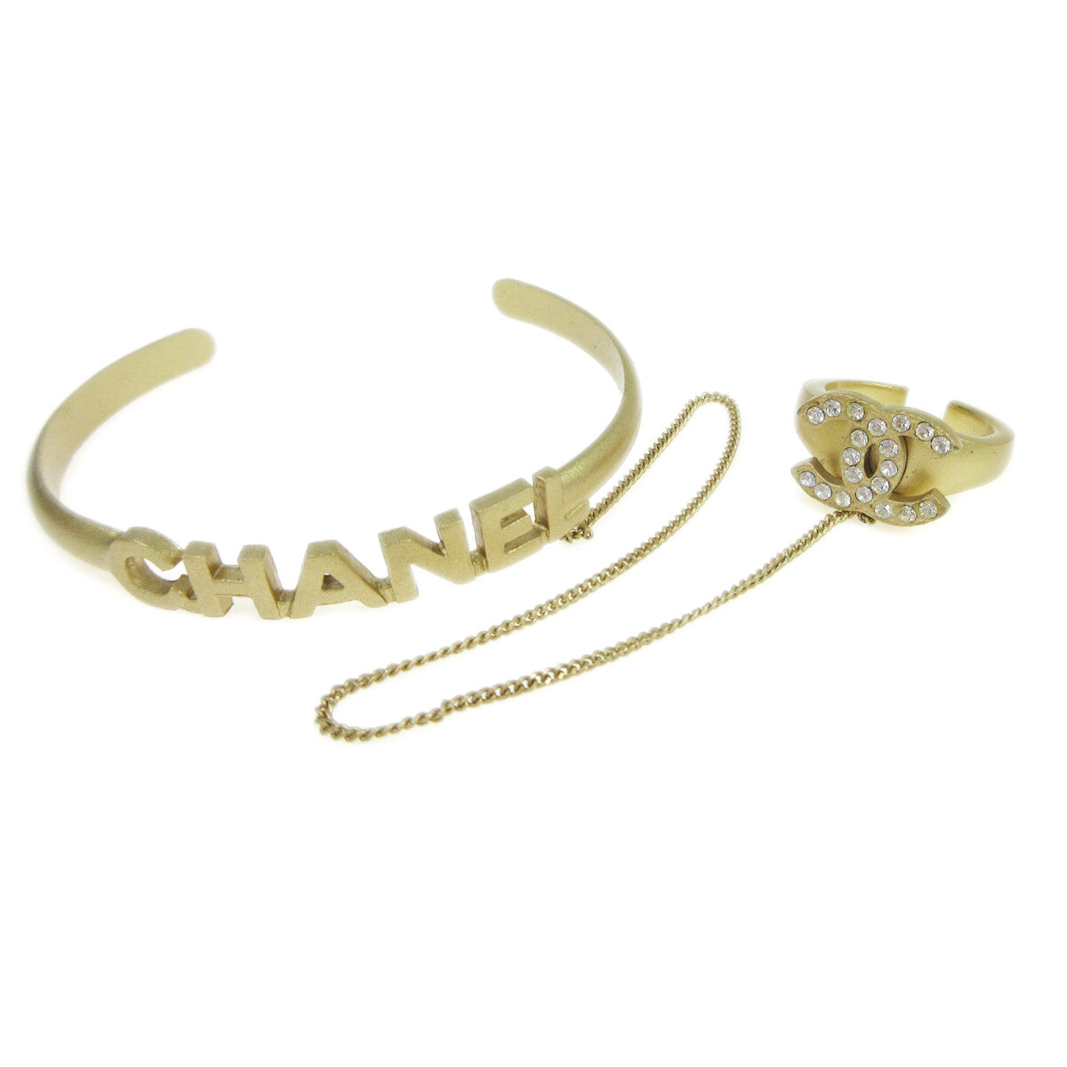 Chanel Logo Cuff With Cc Ring Metal With Crystal Gold Gold Bracelet Jewelry