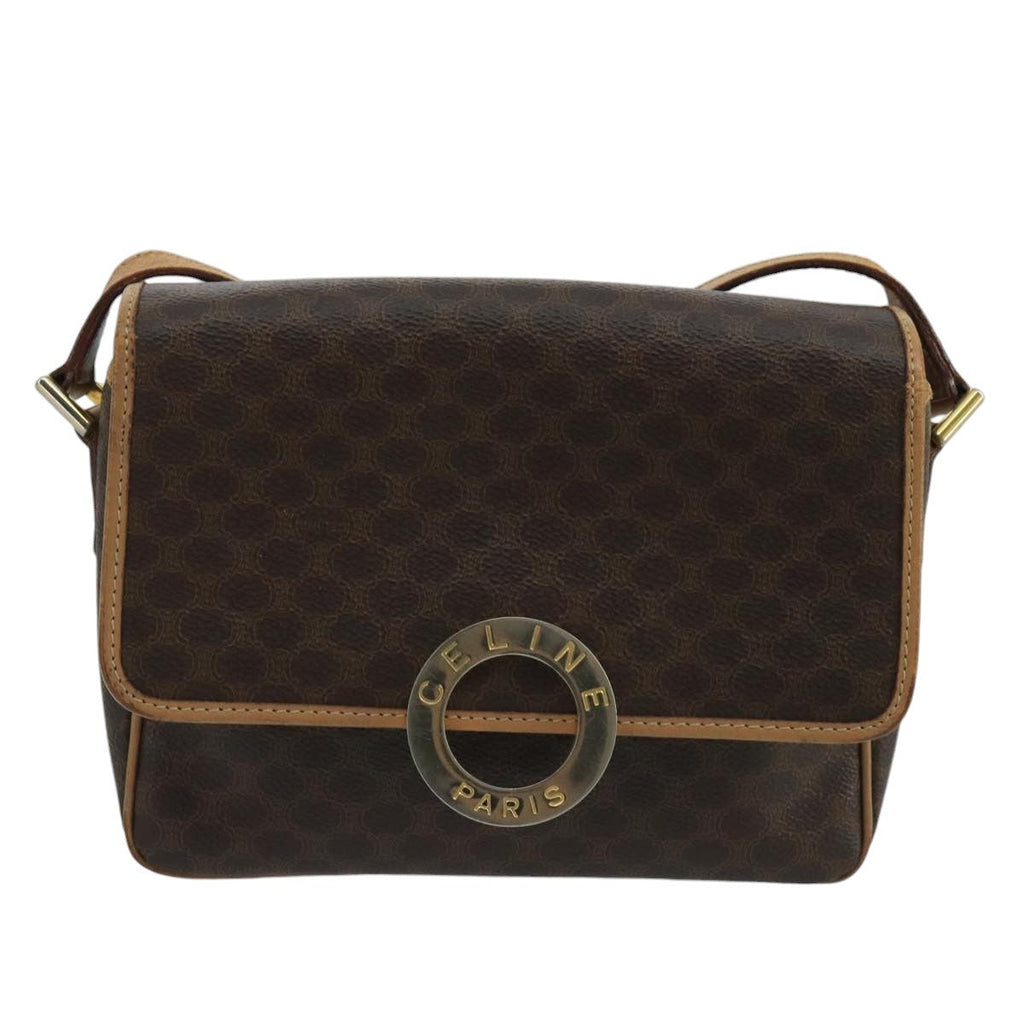 Celine Vintage Macadam Circle Logo Shoulder Bag Canvas And Leather Brown Canvas Shoulder Bag Bag