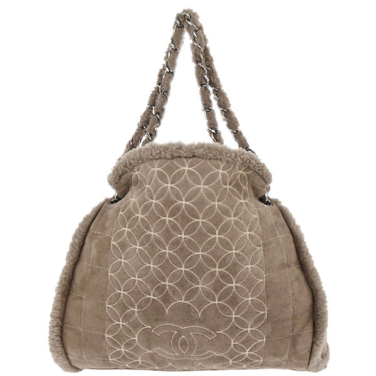 Chanel Vintage Embroidered Cc Chain Tote Quilted Suede And Shearling Brown Suede Tote Bag Bag
