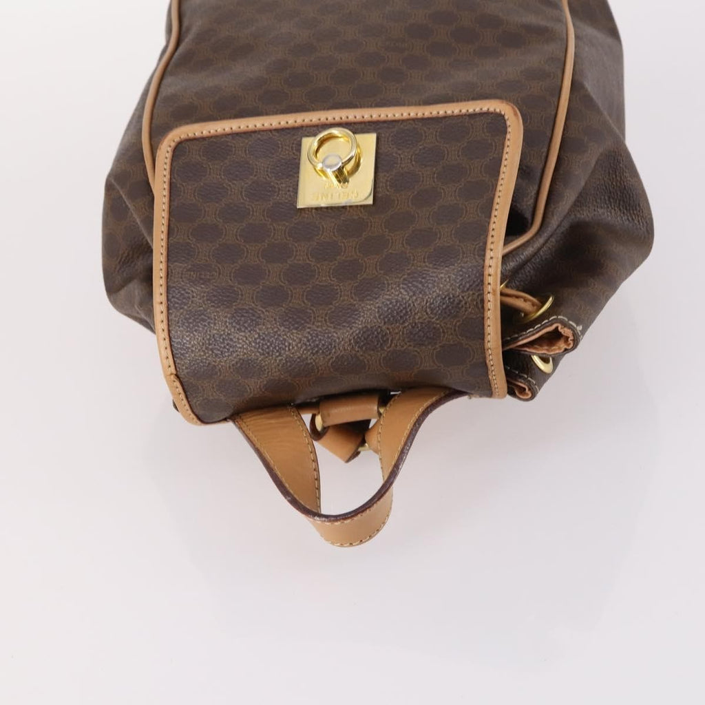 Celine Vintage Drawstring Flap Backpack Macadam Coated Canvas Brown Canvas Backpack Bag