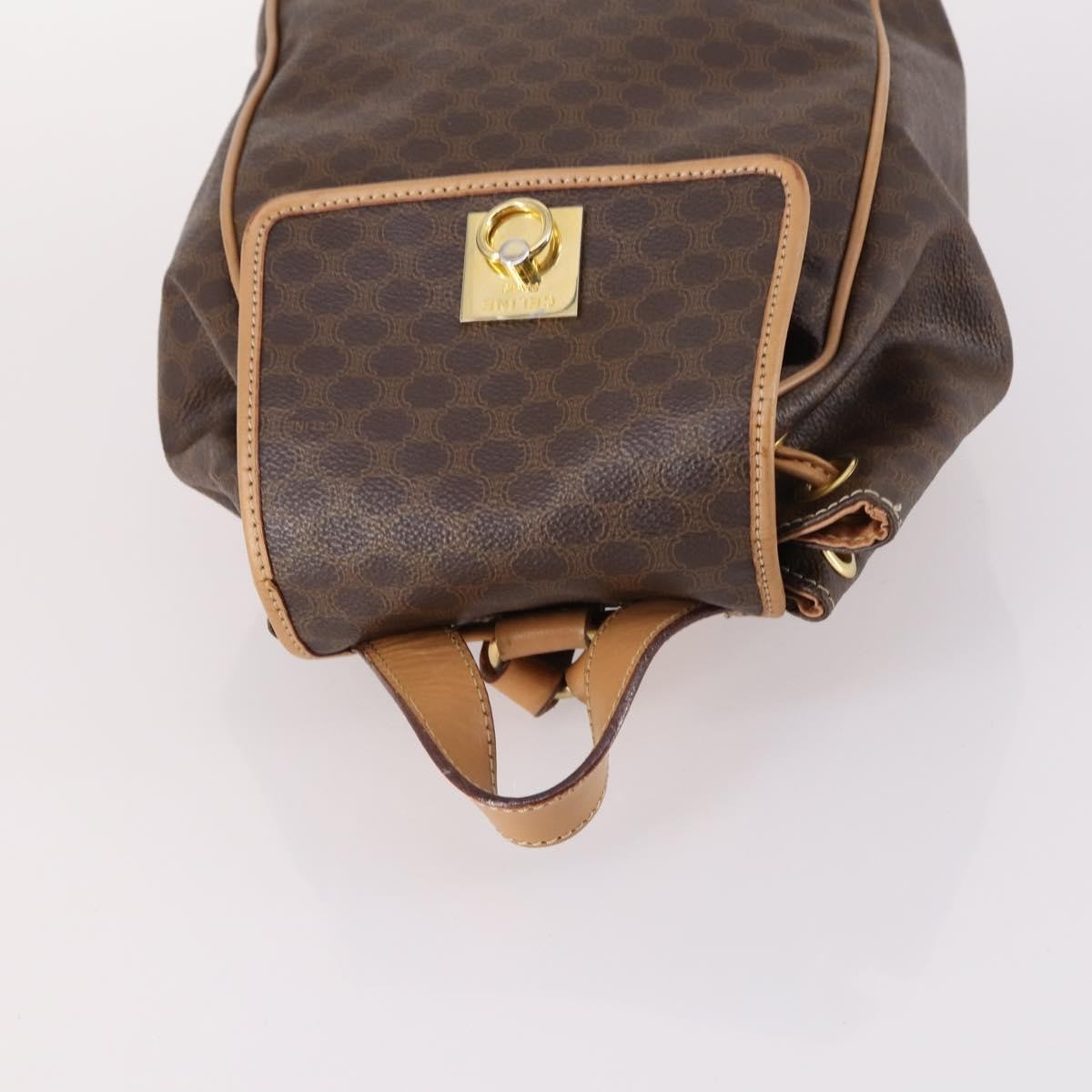 Celine Vintage Drawstring Flap Backpack Macadam Coated Canvas Brown Canvas Backpack Bag