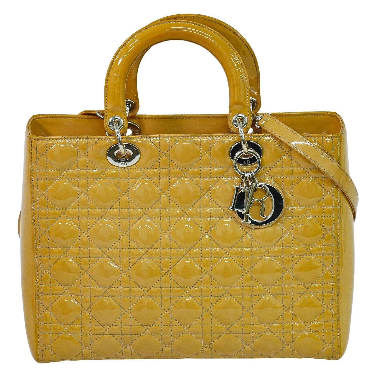 Christian Dior Vintage Lady Dior Bag Cannage Quilt Patent Beige Patent_Leather Handbag (Pre-Owned)