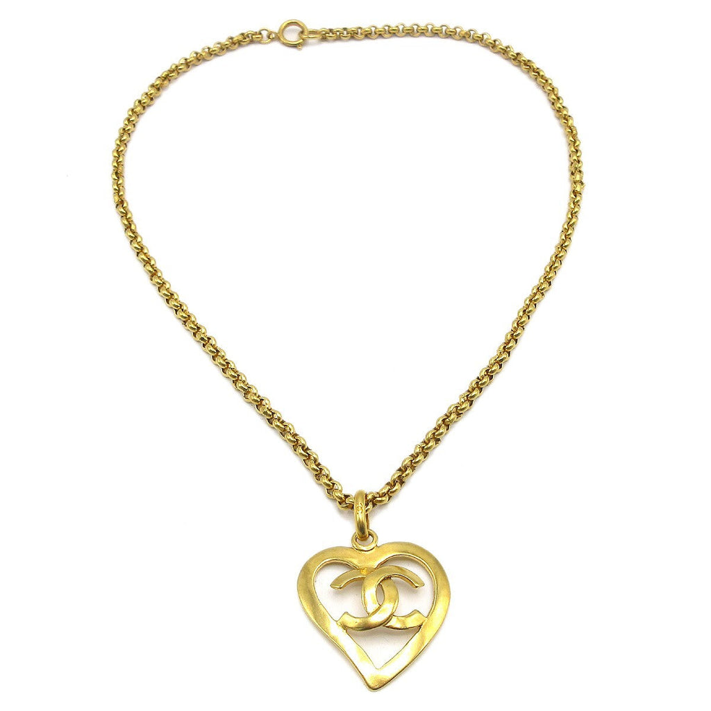 Chanel Cc Heart Pendant Necklace Metal Gold Gold_Plated Necklace Jewelry