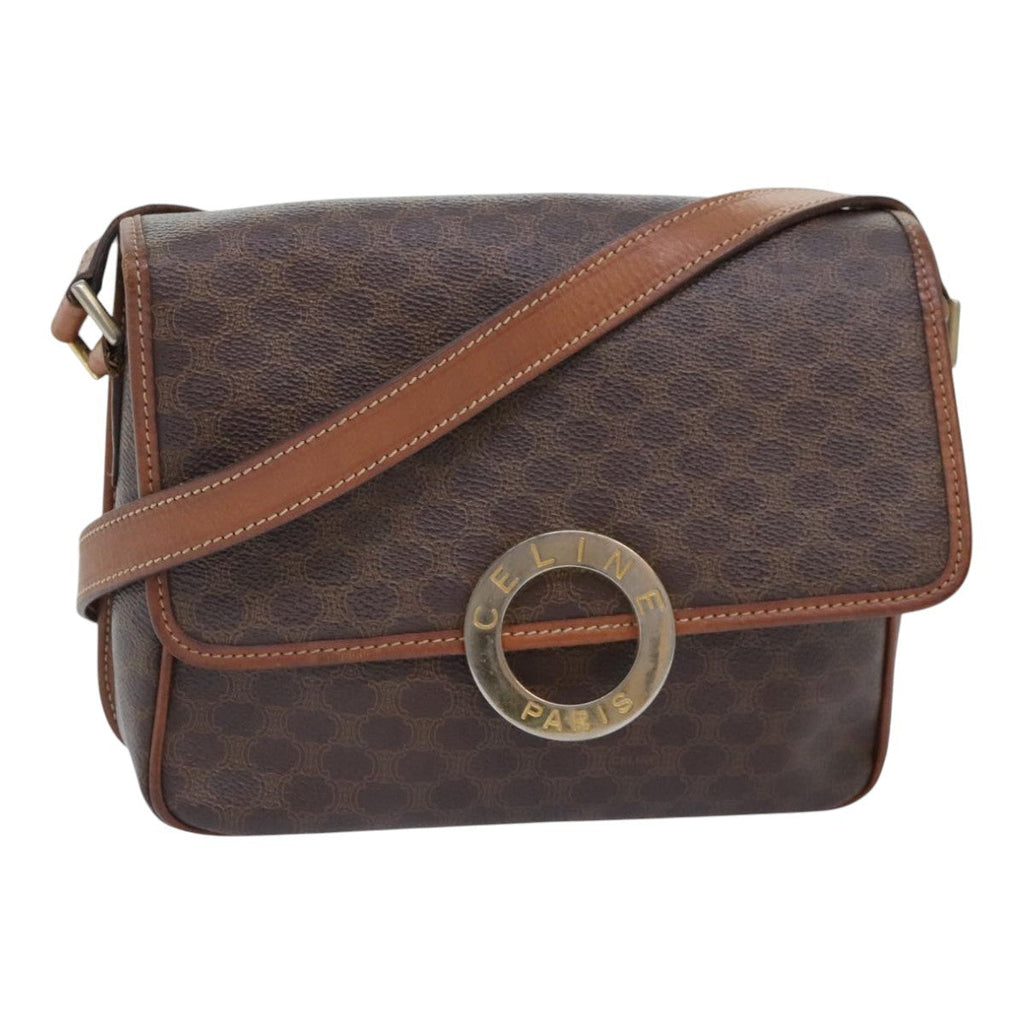 Celine Vintage Macadam Circle Logo Shoulder Bag Canvas And Leather Brown Canvas Shoulder Bag Bag