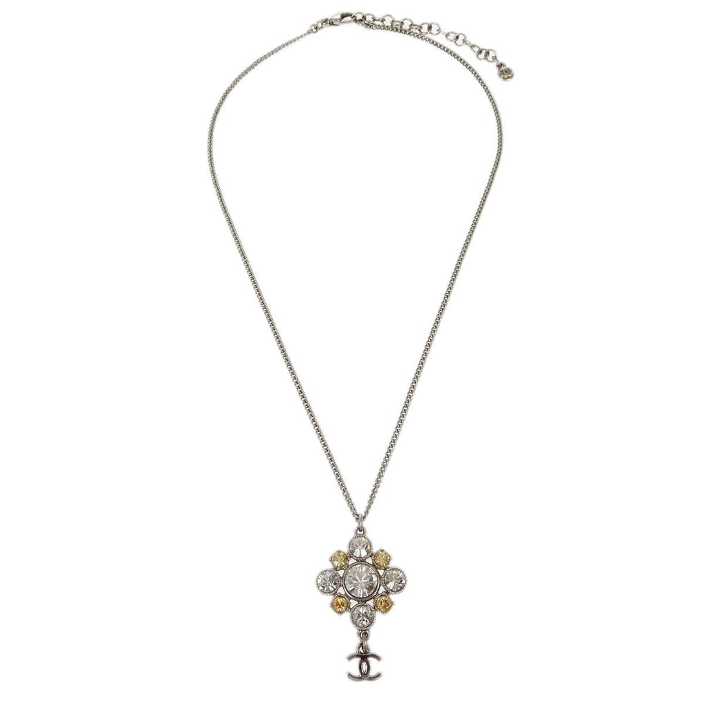 Chanel Cc Cluster Drop Pendant Necklace Metal With Crystals Silver Silver_Plated Necklace Jewelry