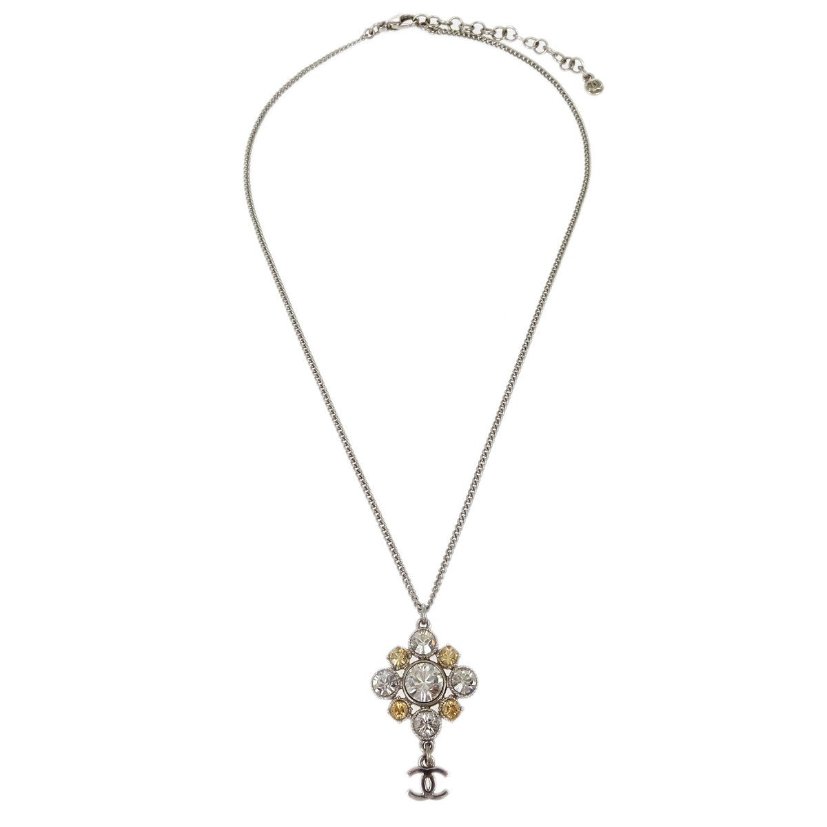 Chanel Cc Cluster Drop Pendant Necklace Metal With Crystals Silver Silver_Plated Necklace Jewelry