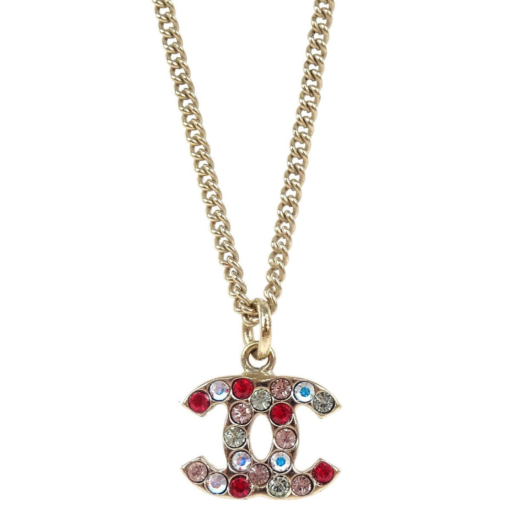 Chanel Cc Pendant Necklace Multicolor Crystal Embellished Metal Gold Gold_Plated Necklace Jewelry