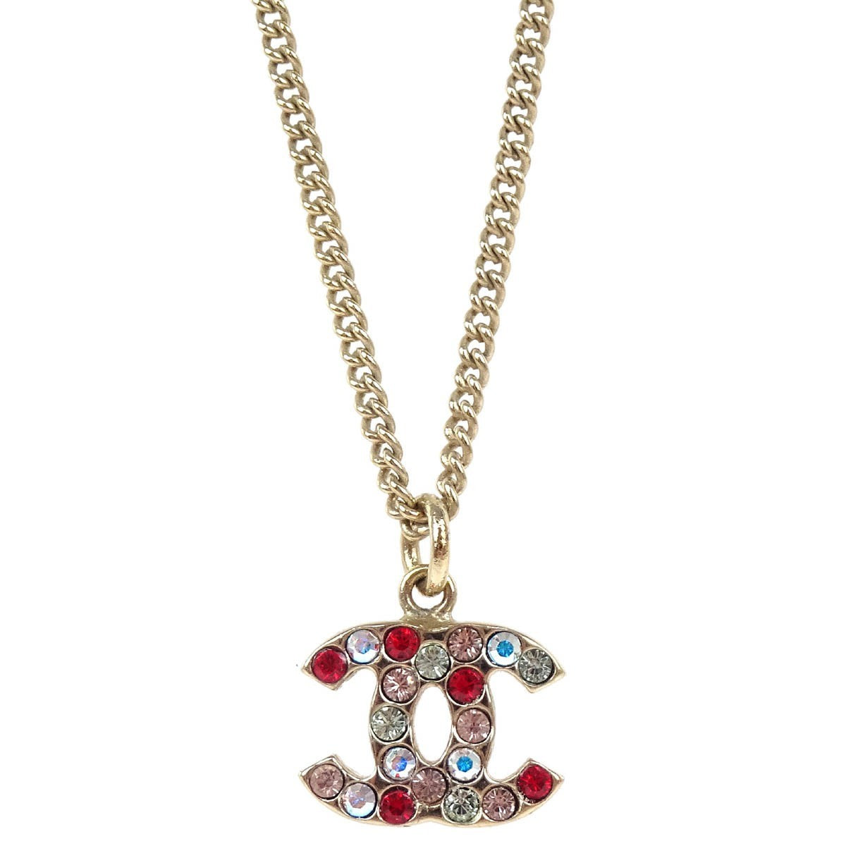 Chanel Cc Pendant Necklace Multicolor Crystal Embellished Metal Gold Gold_Plated Necklace Jewelry