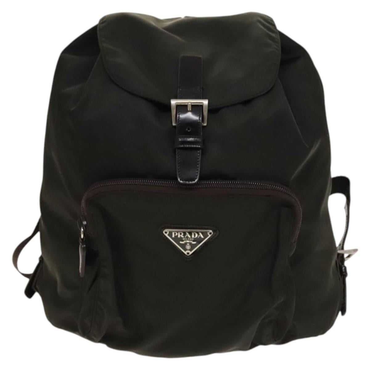 Prada Front Pocket Buckle Backpack Nylon Khaki Nylon Backpack Bag