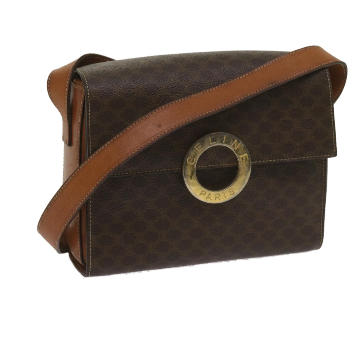 Celine Vintage Macadam Circle Logo Shoulder Bag Canvas And Leather Brown Canvas Shoulder Bag Bag