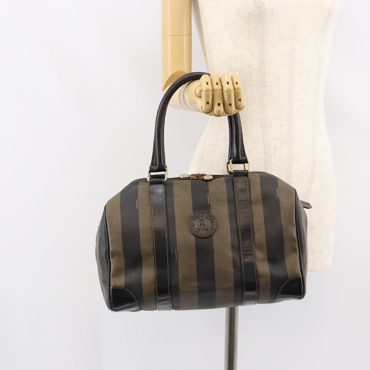 Fendi Vintage Pequin Boston Bag Coated Canvas Brown Canvas Handbag