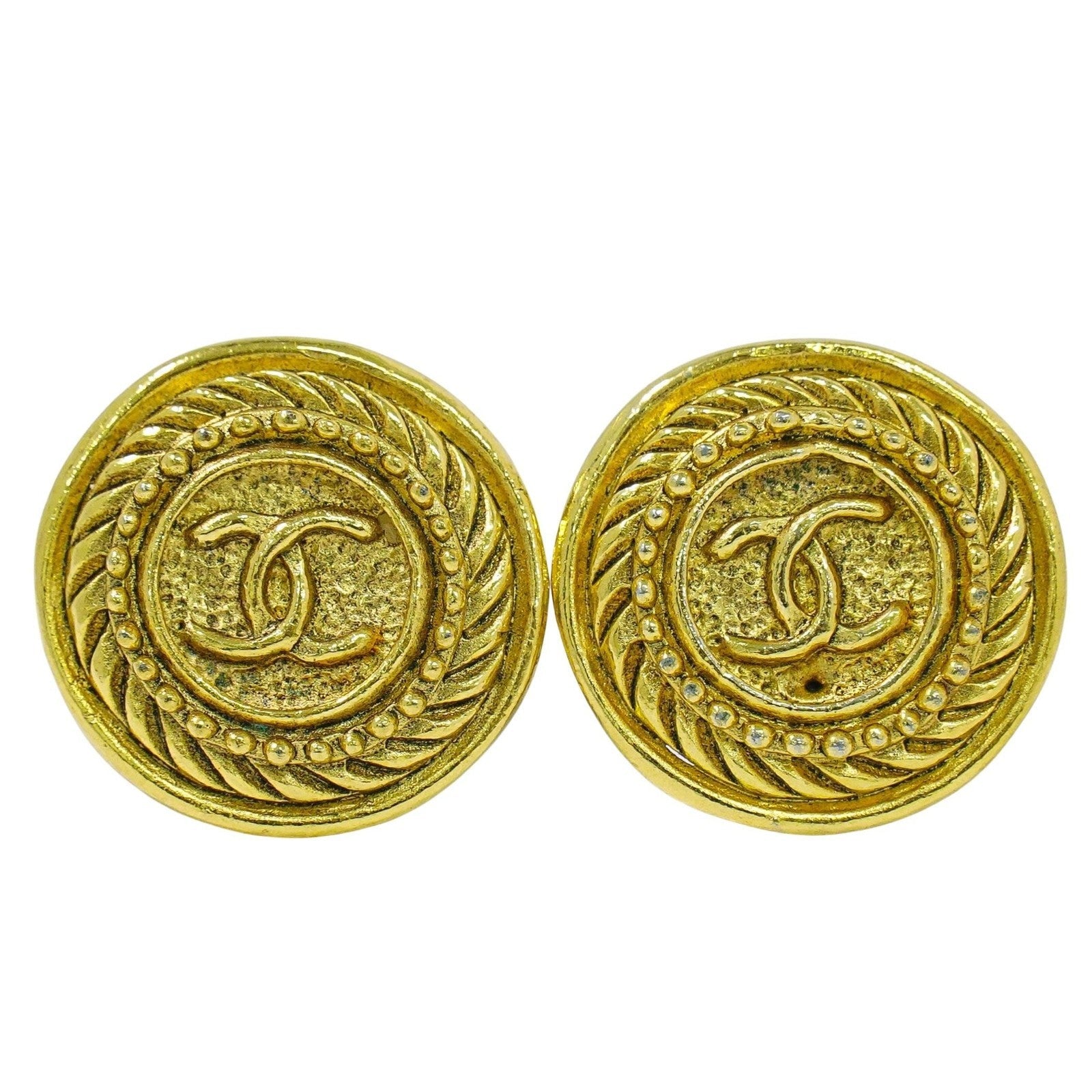 Chanel Vintage Cc Logo Round Clip On Earrings Textured Metal Gold Gold_Plated Earrings Jewelry