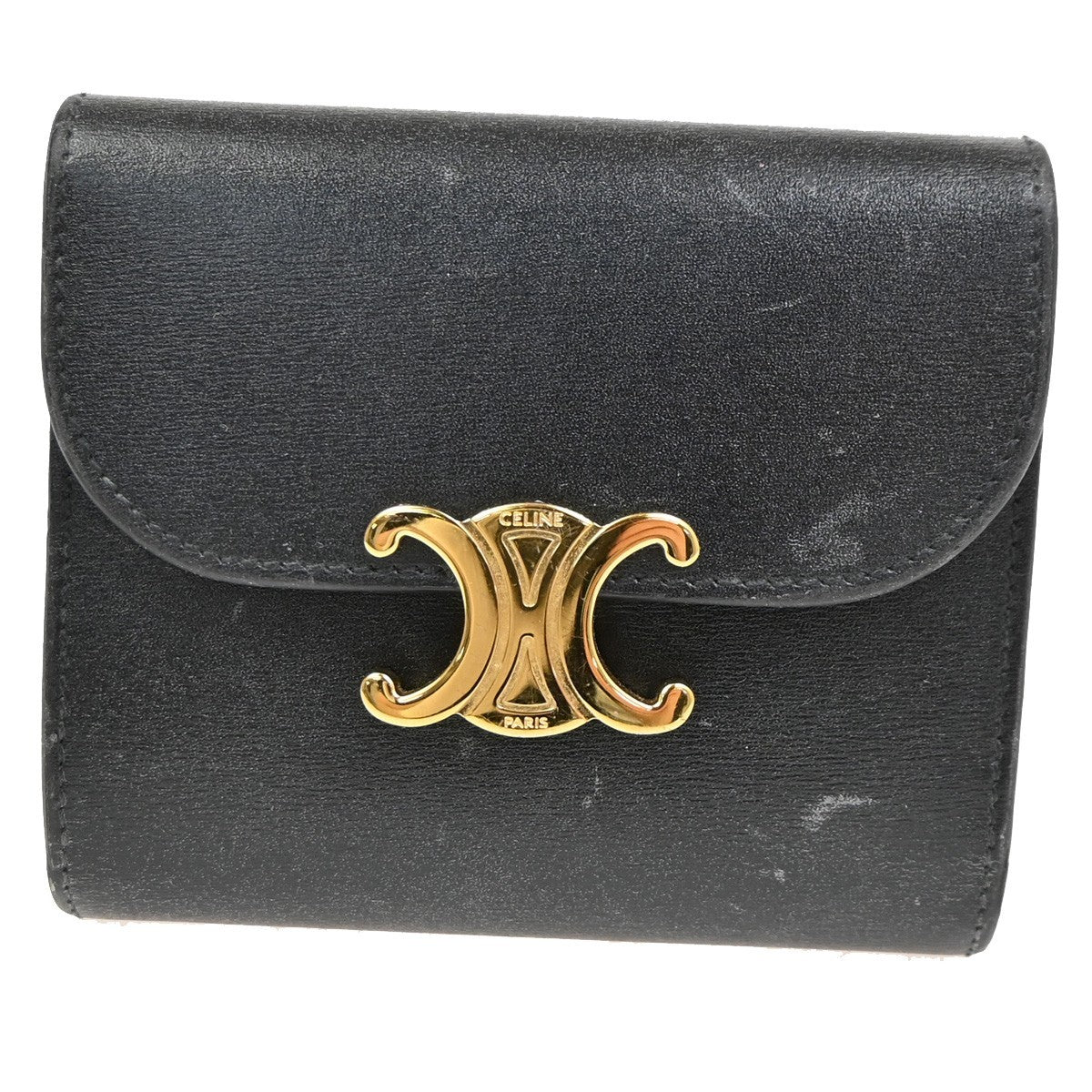 Celine Triomphe Trifold Wallet Leather Black Leather Wallets Accessory