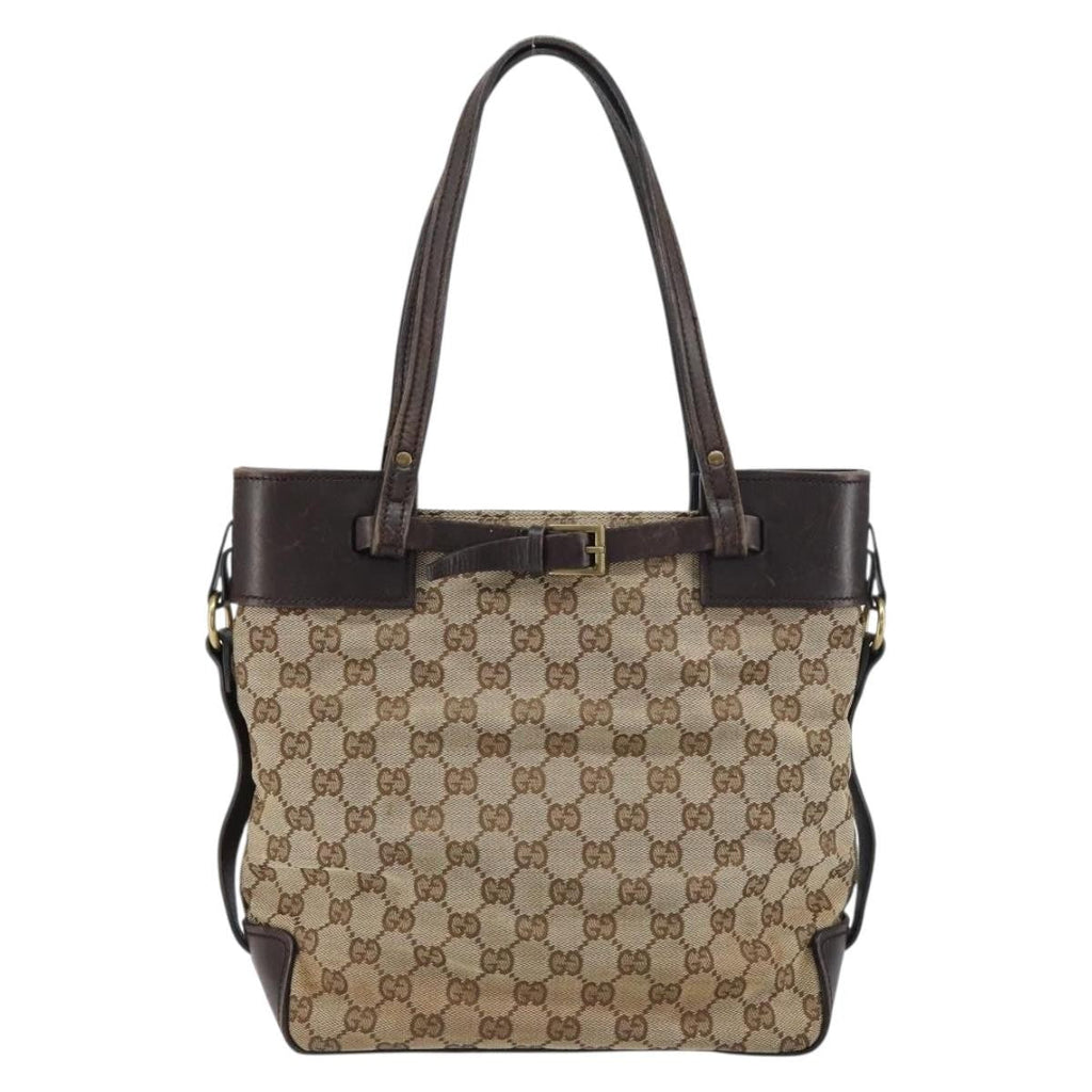 Gucci Belted Bucket Tote Gg Canvas With Leather Beige Canvas Tote Bag Bag (Pre-Owned)
