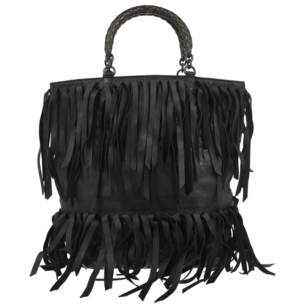 Bottega Veneta Fringe Belt Tote Intrecciato Nappa Black Leather Tote Bag Bag