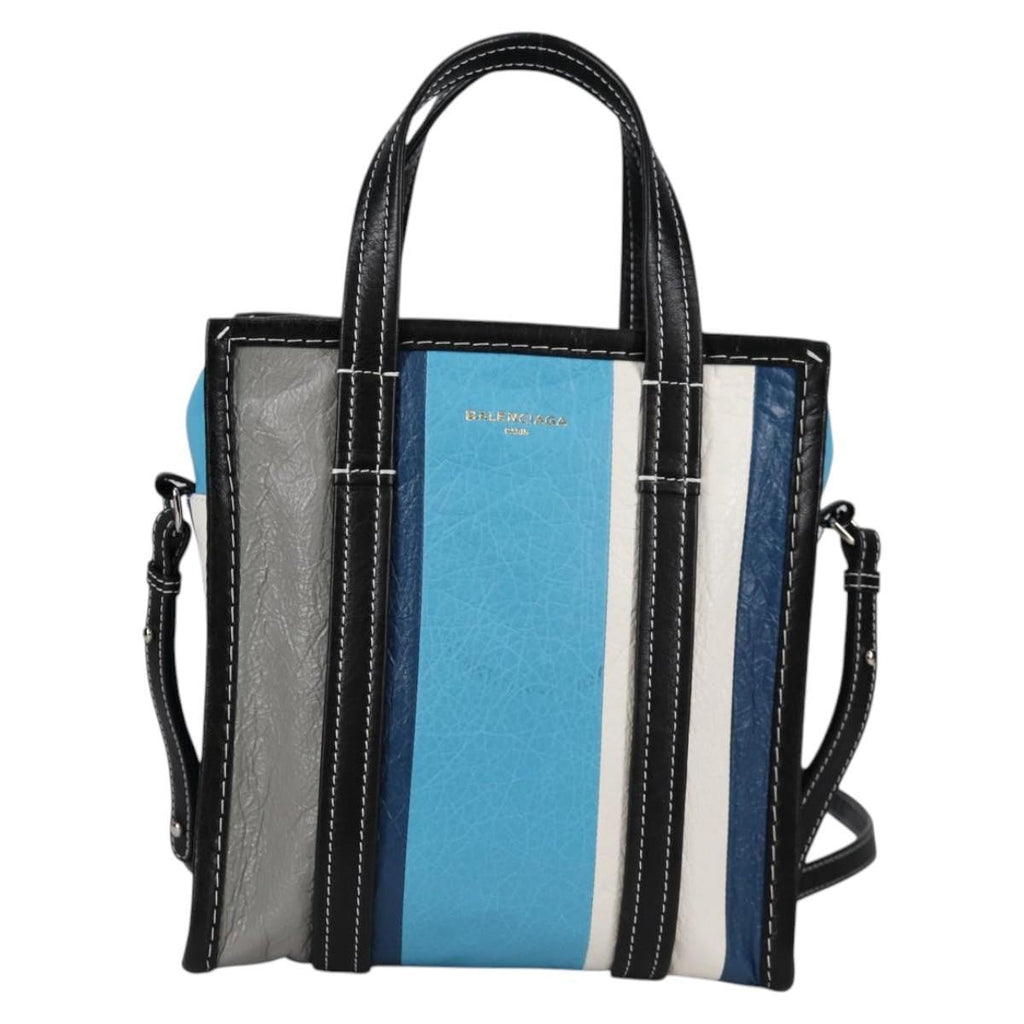 Balenciaga Bazar Convertible Tote Striped Leather Blue Leather Tote Bag