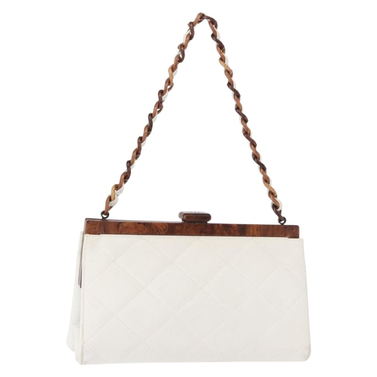 Chanel Wooden Frame Striped Shoulder Bag Leather White Leather Shoulder Bag Bag